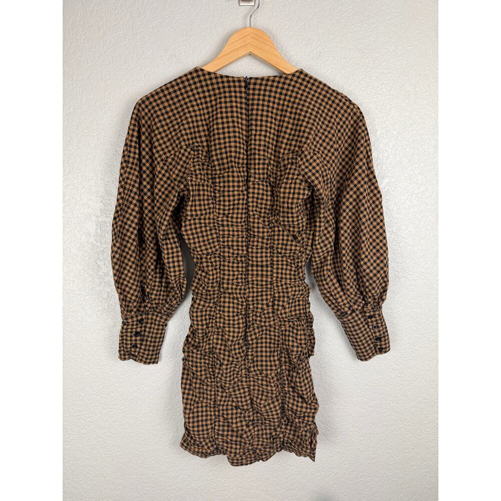 Zara Plaid Puff Sleeve Bodycon Mini Dress S Brown Ruched Balloon Sleeve Draped - Picture 6 of 10